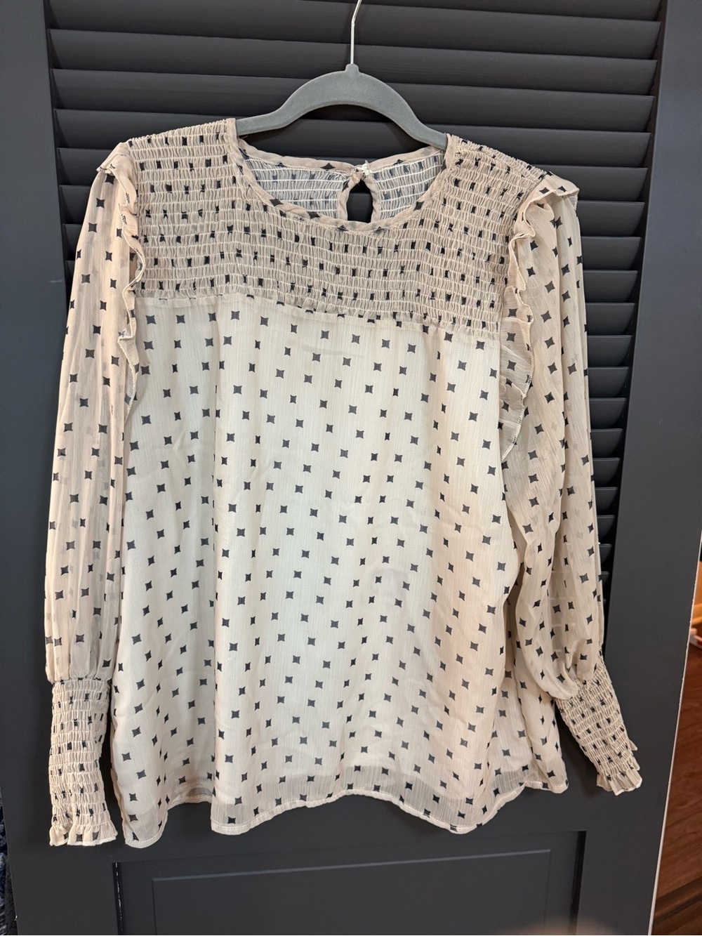 Neutral Cream Smocked Yoke Long-Sleeve Blouse